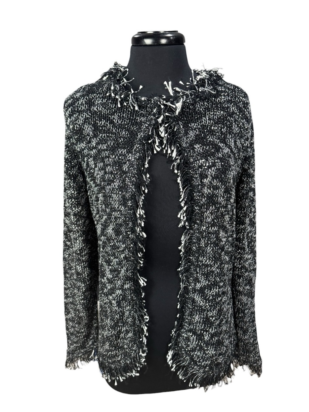 Chico’s Black & White Fringe Cardigan Jacket Chico’s Size 1/Women’s Size Medium